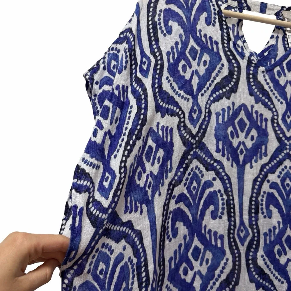Chicos Womens 100% Linen Ikat Poncho Size S/M Blue Beach Resort Swim Cover Up